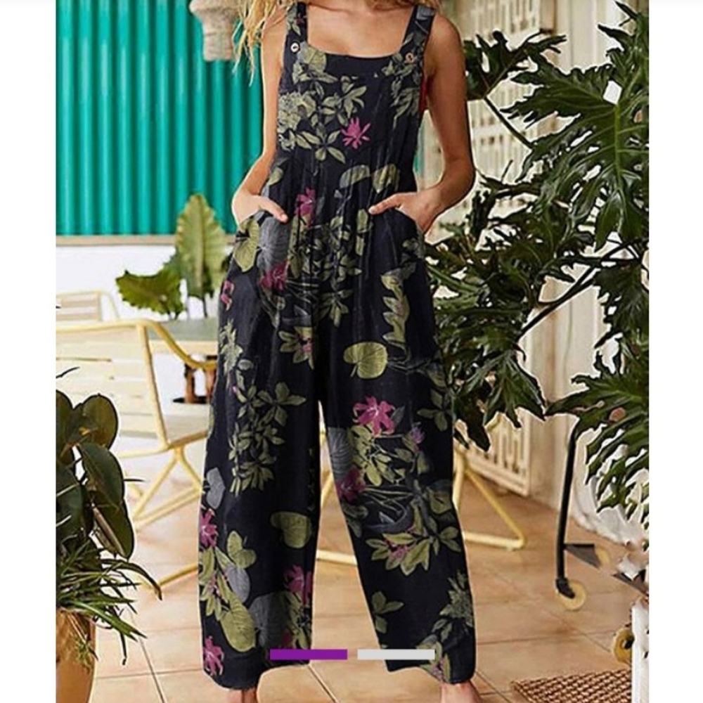 Black Tropical Sleeveless Pocket Wide Leg Jumpsuit